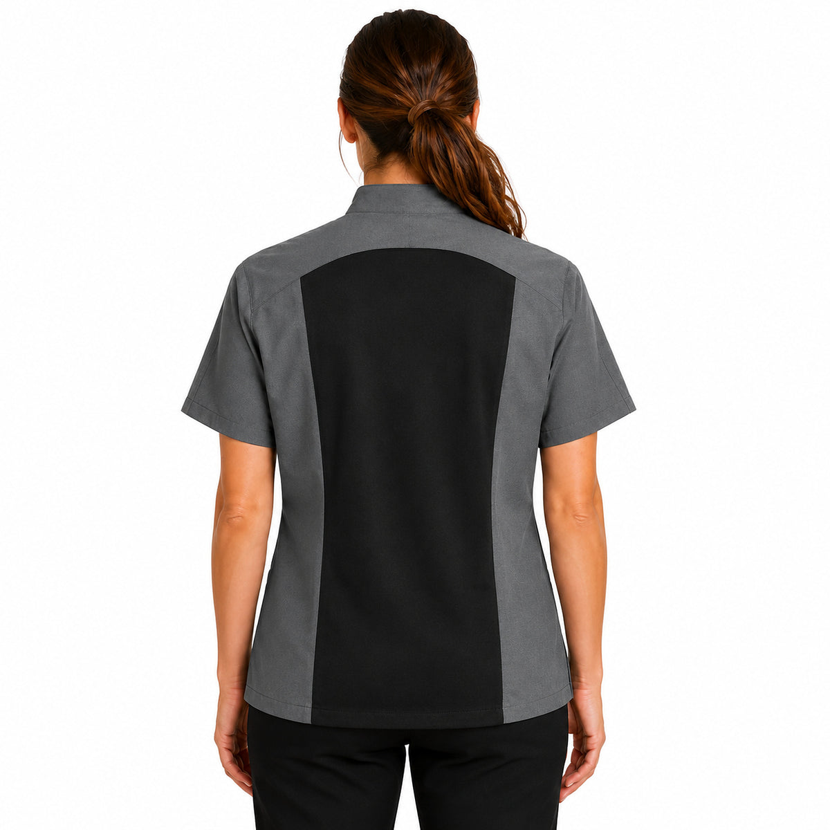 Filipina de chef Red Kap 051W para mujer Gris Oxford, vista posterior con modelo | color:gris-oxford