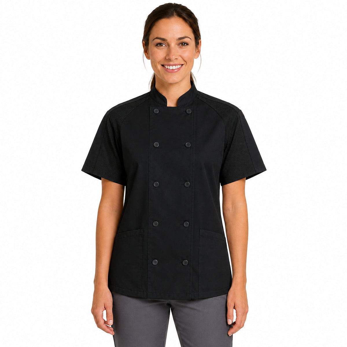 Filipina de chef Red Kap 051W para mujer Negra, vista frontal con modelo | color:negra