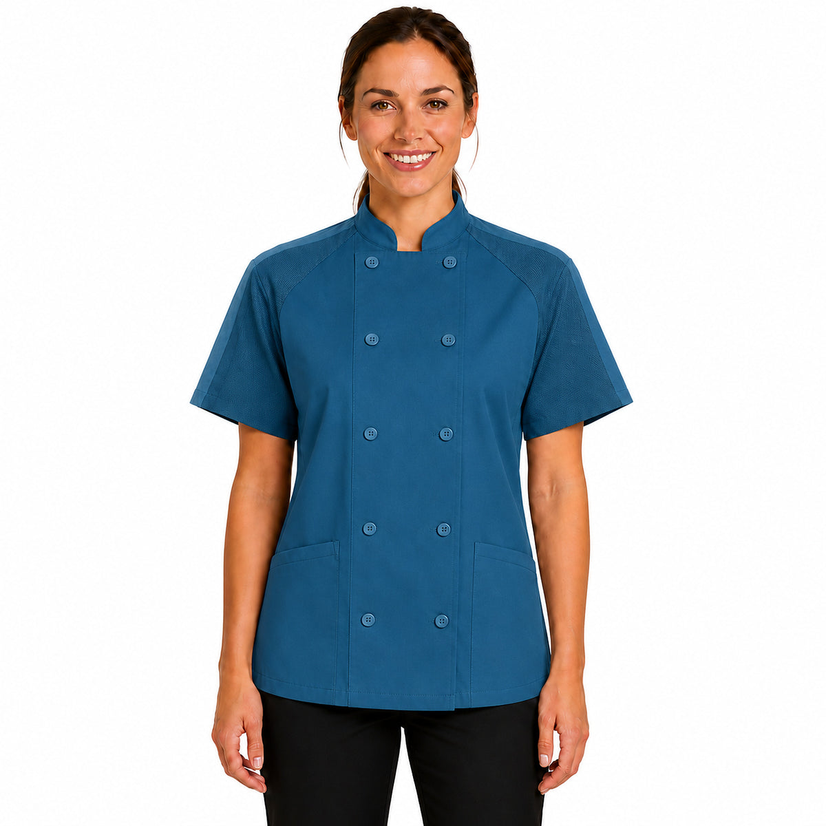 Filipina de chef Red Kap 051W para mujer Teal, vista frontal con modelo | color:teal