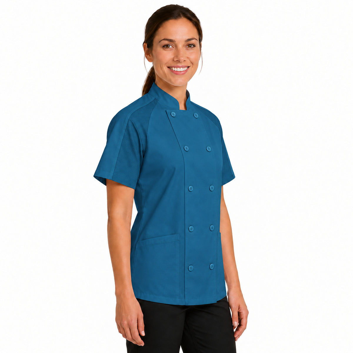 Filipina de chef Red Kap 051W para mujer Teal, perfil derecho con modelo | color:teal