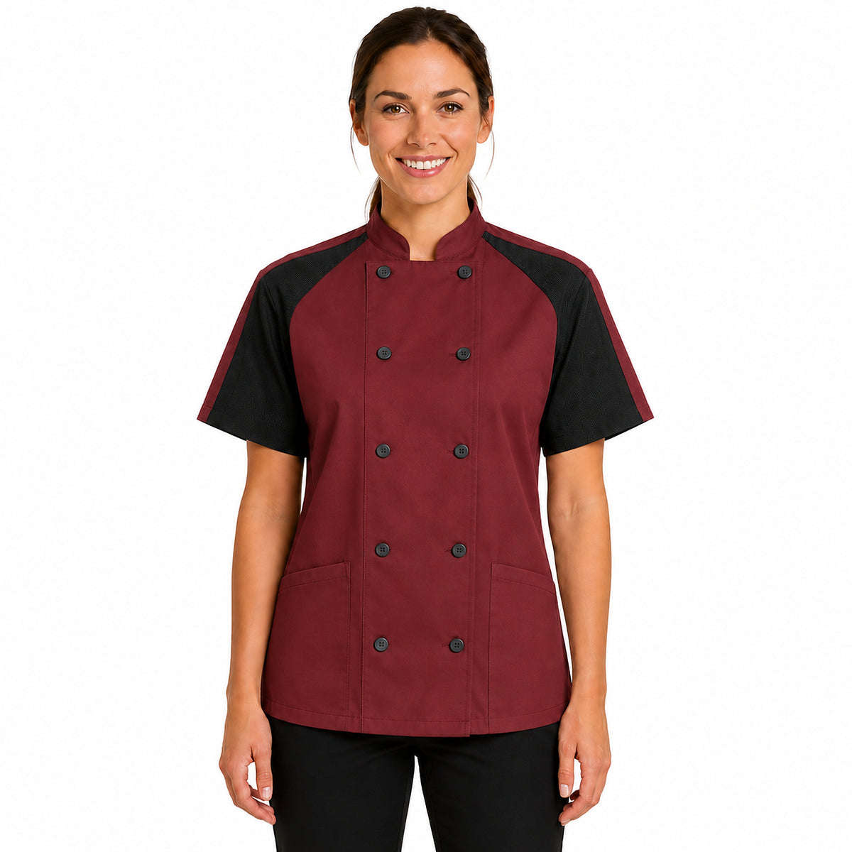 Filipina de chef Red Kap 051W para mujer Vino, vista frontal con modelo | color:vino