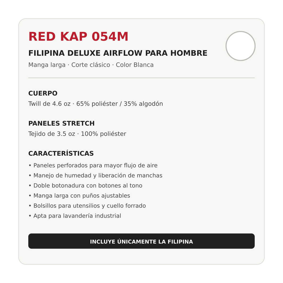 Filipina de chef Red Kap 054M para hombre Blanca, ficha técnica | color:blanca