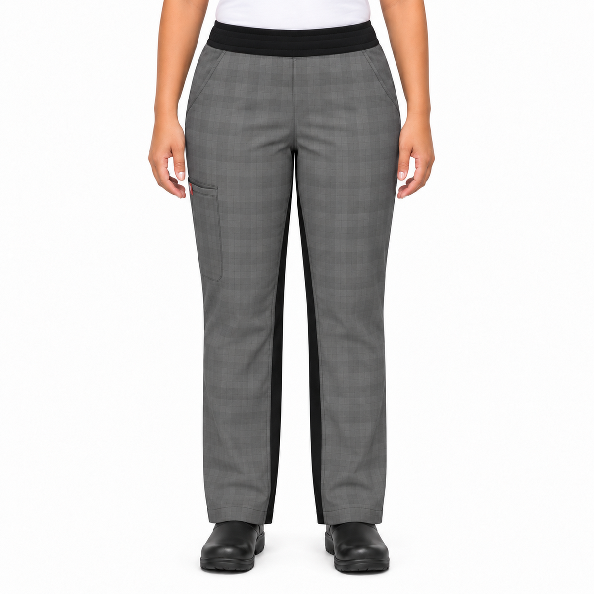 Pantalón de chef Red Kap 0P1W para mujer Cuadros Gris/Negro, vista frontal en modelo de talla regular | color:cuadros-gris-negro