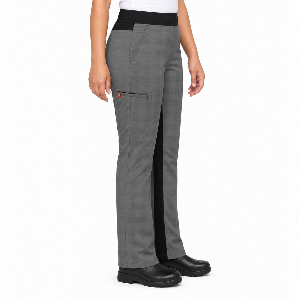 Pantalón de chef Red Kap 0P1W para mujer Cuadros Gris/Negro, perfil derecho en modelo de talla regular | color:cuadros-gris-negro
