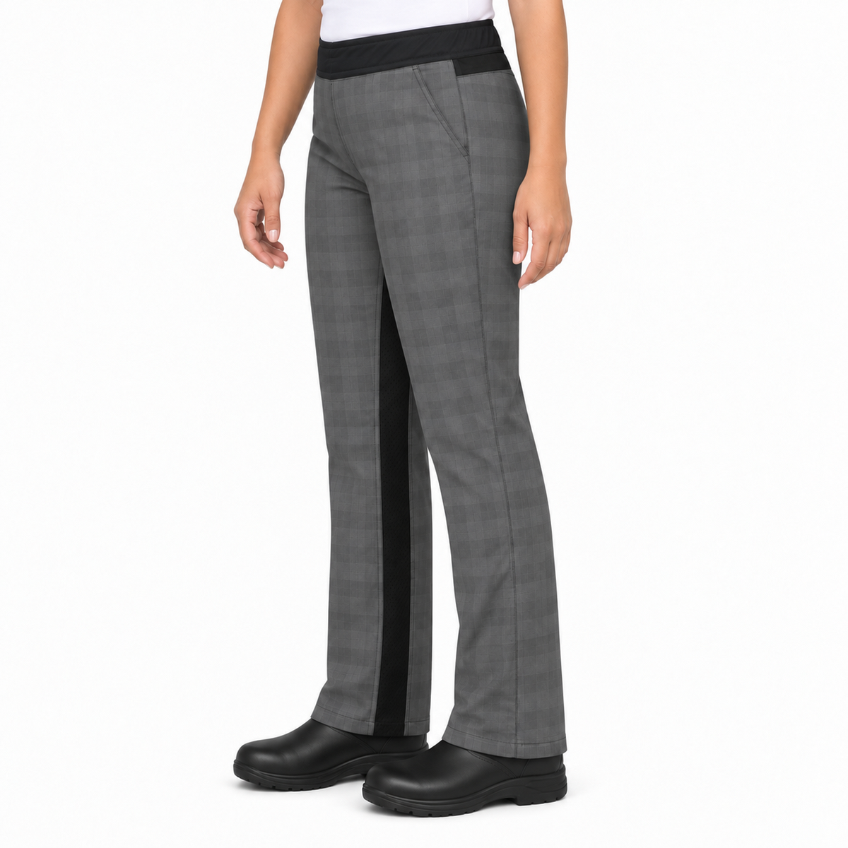 Pantalón de chef Red Kap 0P1W para mujer Cuadros Gris/Negro, perfil izquierdo en modelo de talla regular | color:cuadros-gris-negro