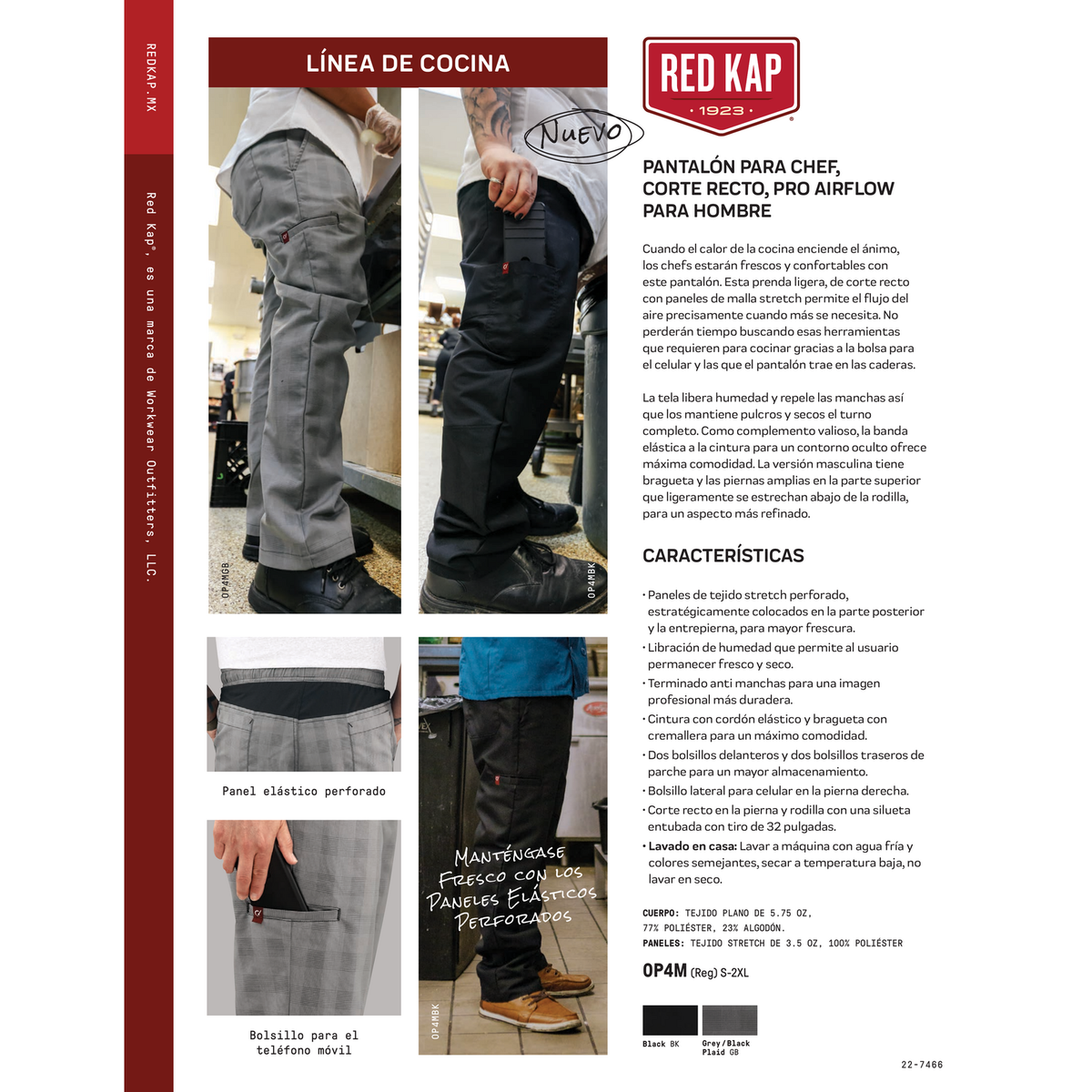 Pantalón de chef Red Kap 0P4M para hombre Cuadros Gris/Negro, ficha técnica | color:cuadros-gris-negro