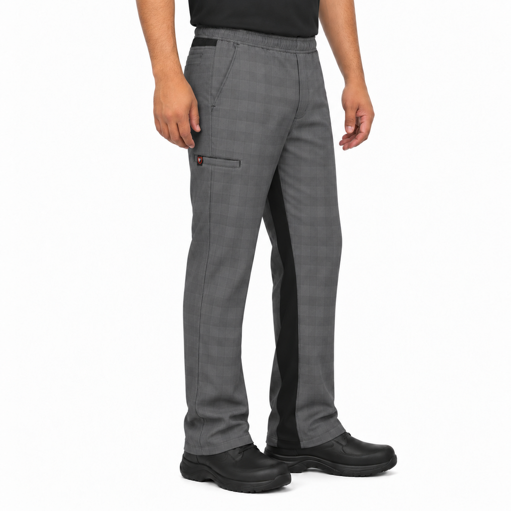 Pantalón de chef Red Kap 0P4M para hombre Cuadros Gris/Negro, perfil derecho en modelo de talla regular