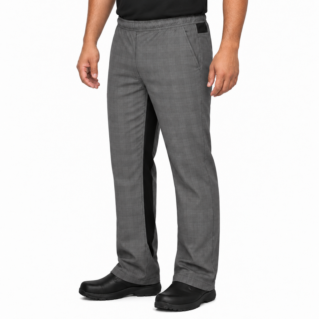 Pantalón de chef Red Kap 0P4M para hombre Cuadros Gris/Negro, perfil izquierdo en modelo de talla regular