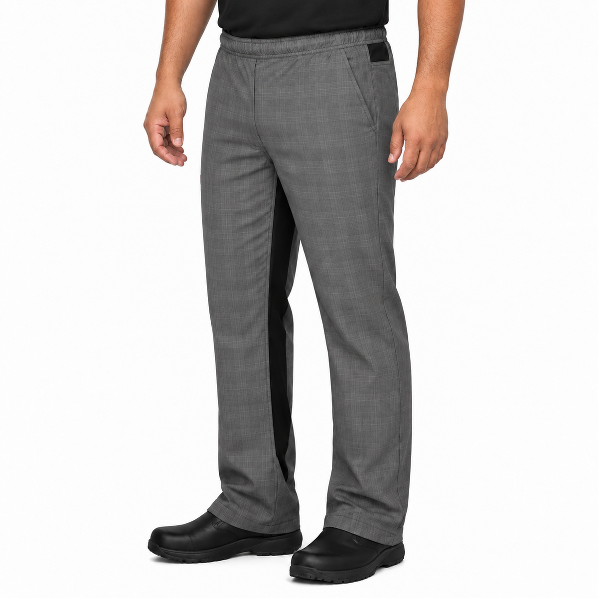 Pantalón de chef Red Kap 0P4M para hombre Cuadros Gris/Negro, perfil izquierdo en modelo de talla regular | color:cuadros-gris-negro