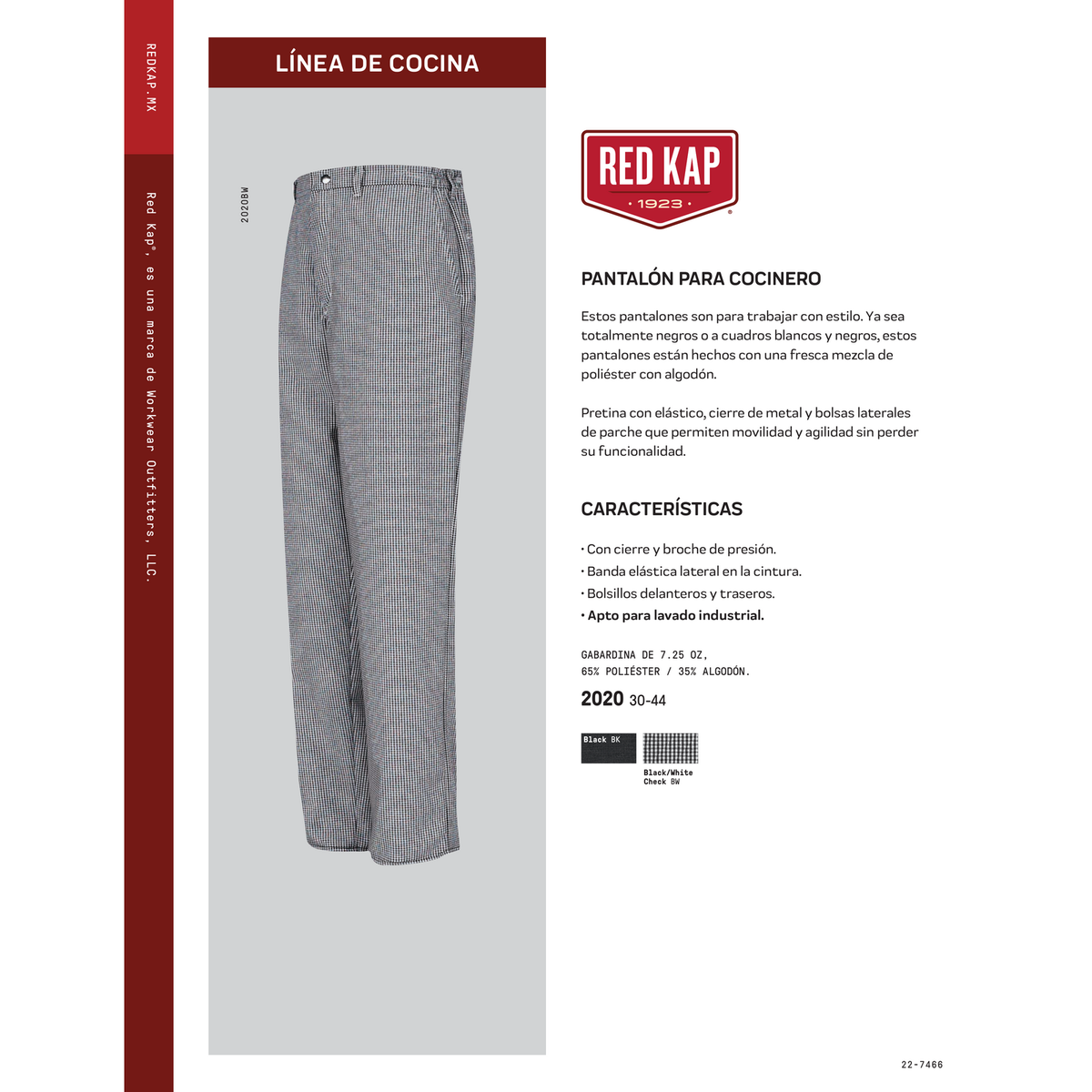 Pantalón chef Red Kap 2020 para hombre, ficha técnica de características | color:todos