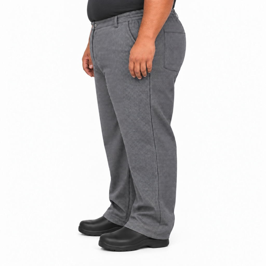 Pantalón chef Red Kap 2020 para hombre Mascota, perfil izquierdo en modelo talla extra