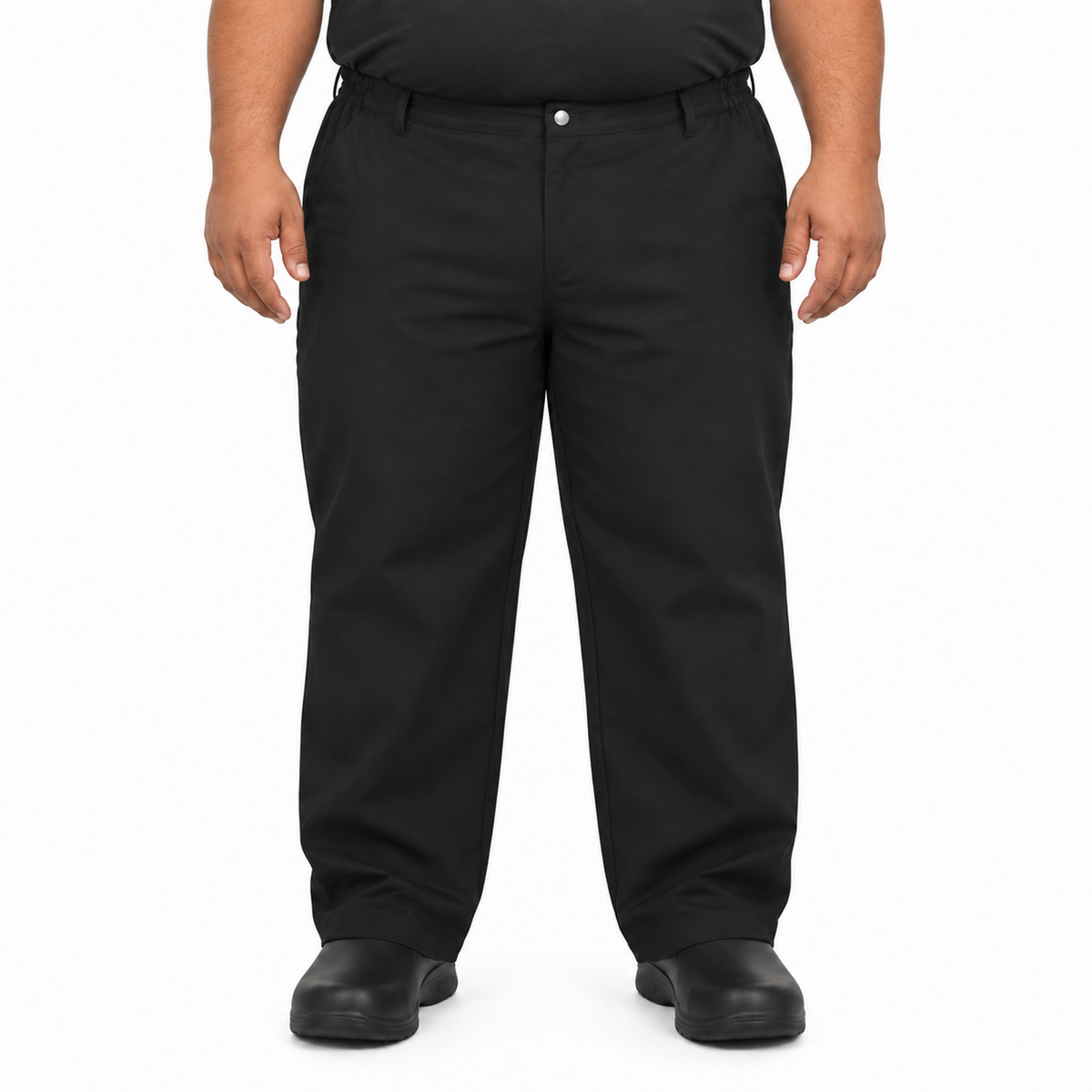 Pantalón chef Red Kap 2020 para hombre negro, vista frontal en modelo talla extra | color:negro