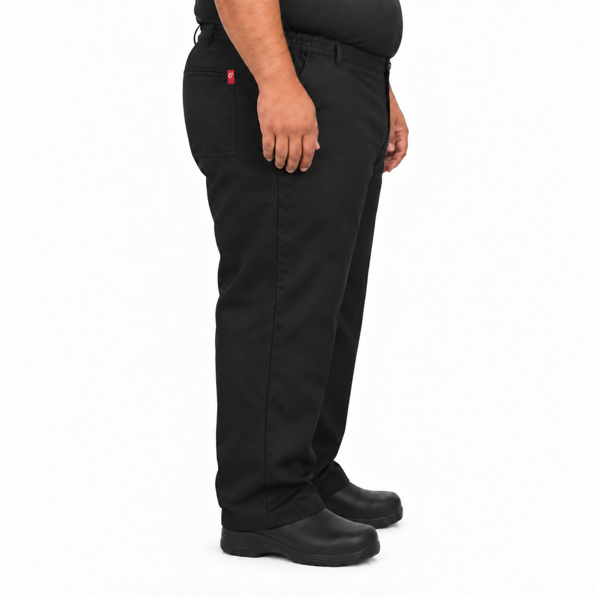 Pantalón chef Red Kap 2020 para hombre negro, perfil derecho con bolsa de parche y etiqueta | color:negro