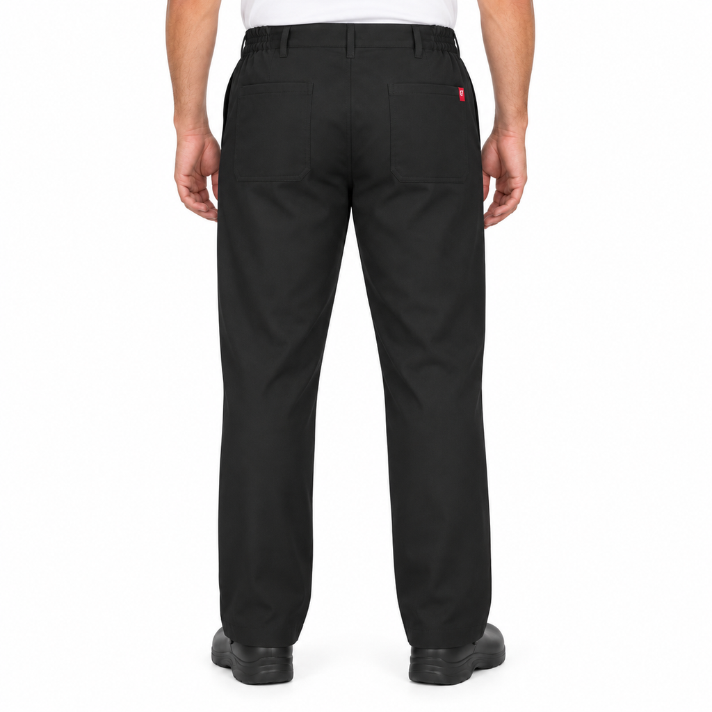 Pantalón chef Red Kap 2020 para hombre negro, vista posterior con bolsas de parche y etiqueta