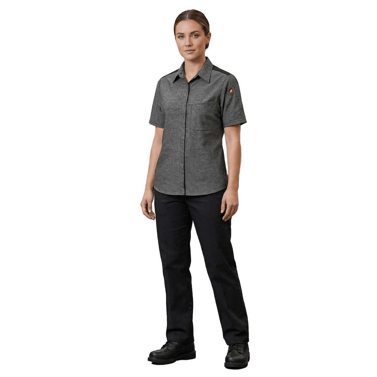 Blusa de cocina Red Kap 501W para mujer gris oxford, vista de cuerpo completo en modelo | color:gris-oxford
