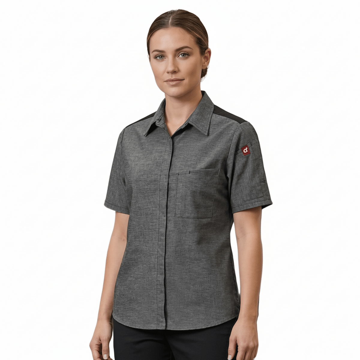 Blusa de cocina Red Kap 501W para mujer gris oxford, vista frontal en modelo | color:gris-oxford