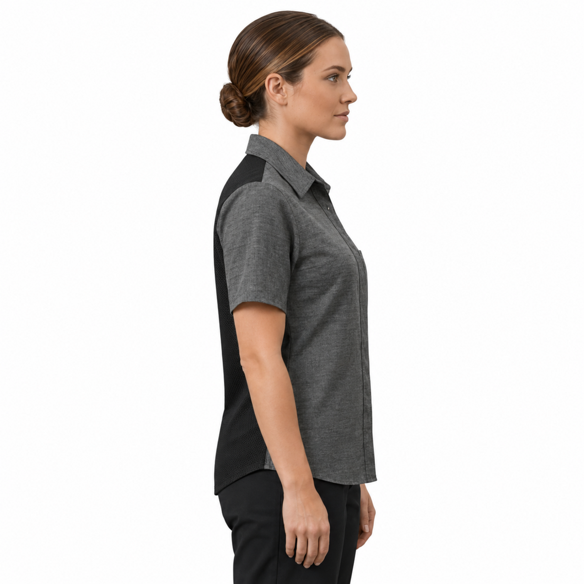 Blusa de cocina Red Kap 501W para mujer gris oxford, perfil derecho en modelo | color:gris-oxford