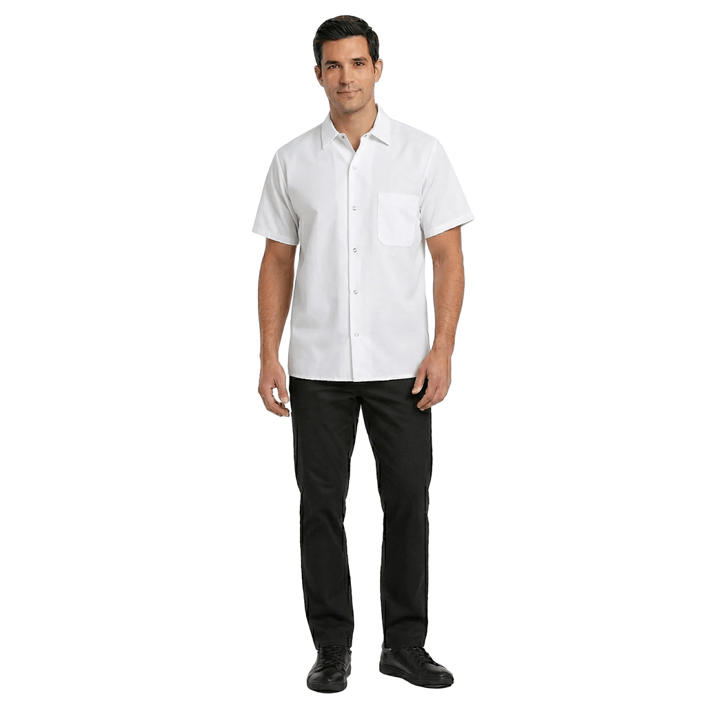 Camisa de cocina Red Kap 5020 para hombre blanca, vista de cuerpo completo en modelo