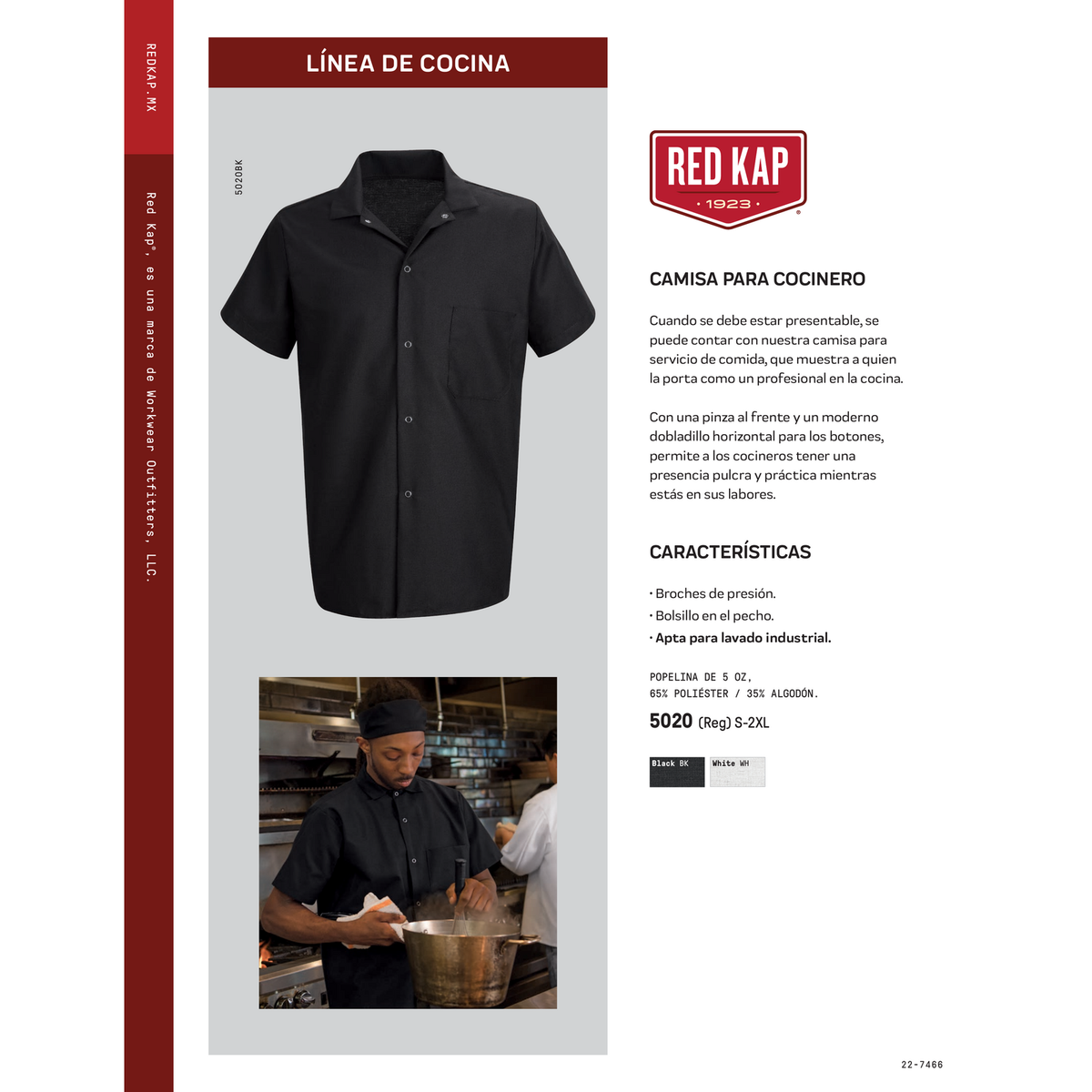 Camisa de cocina Red Kap 5020 para hombre blanca, ficha técnica con características | color:blanca