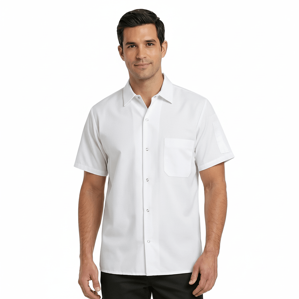 Camisa de cocina Red Kap 5020 para hombre blanca, vista frontal en modelo | color:blanca