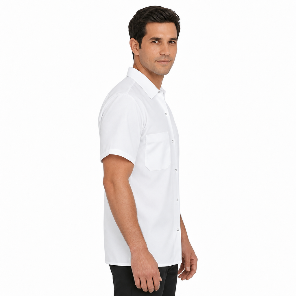 Camisa de cocina Red Kap 5020 para hombre blanca, perfil derecho en modelo