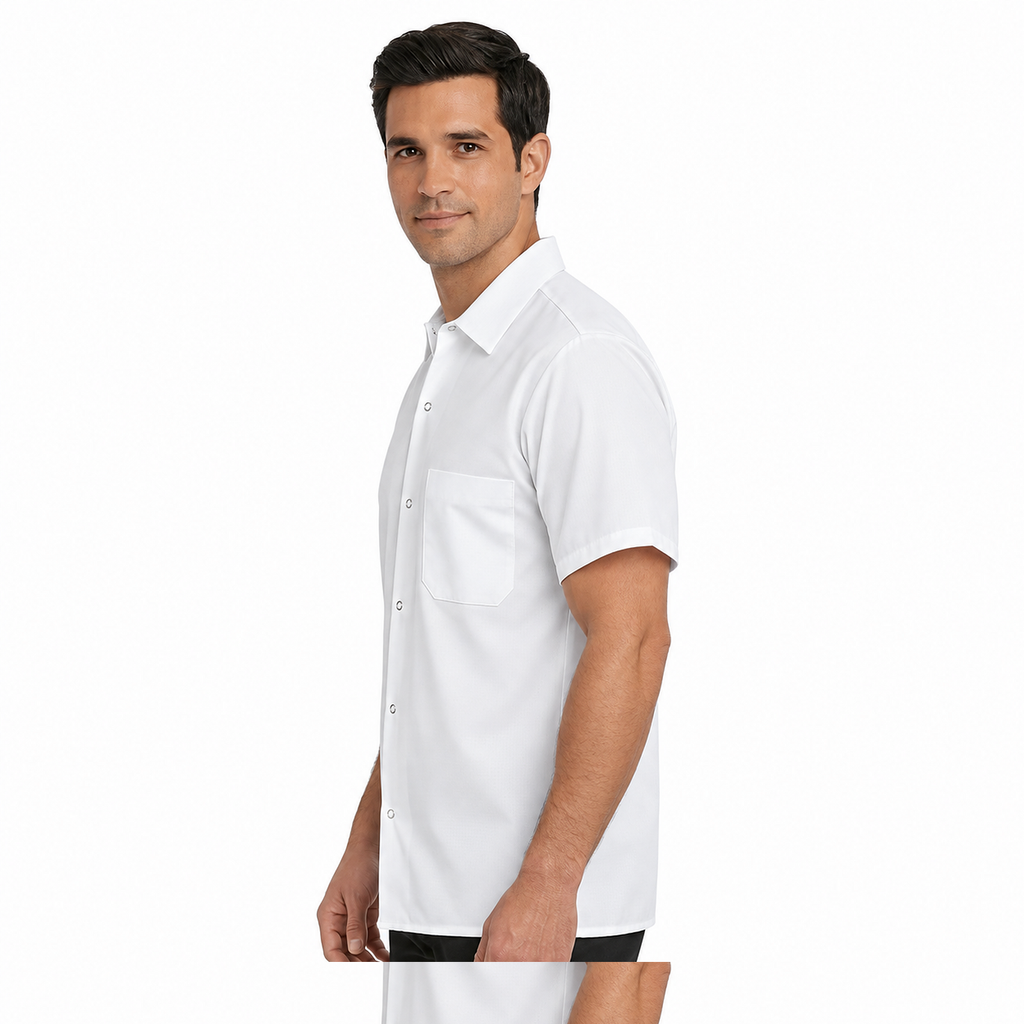 Camisa de cocina Red Kap 5020 para hombre blanca, perfil izquierdo en modelo