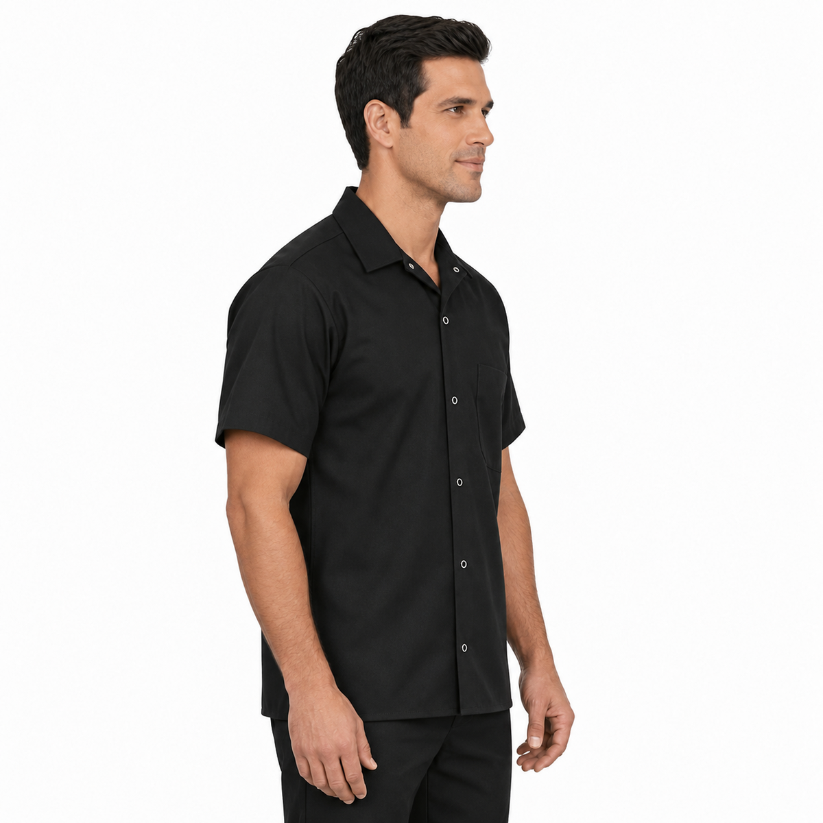 Camisa de cocina Red Kap 5020 para hombre negra, perfil derecho en modelo | color:negra