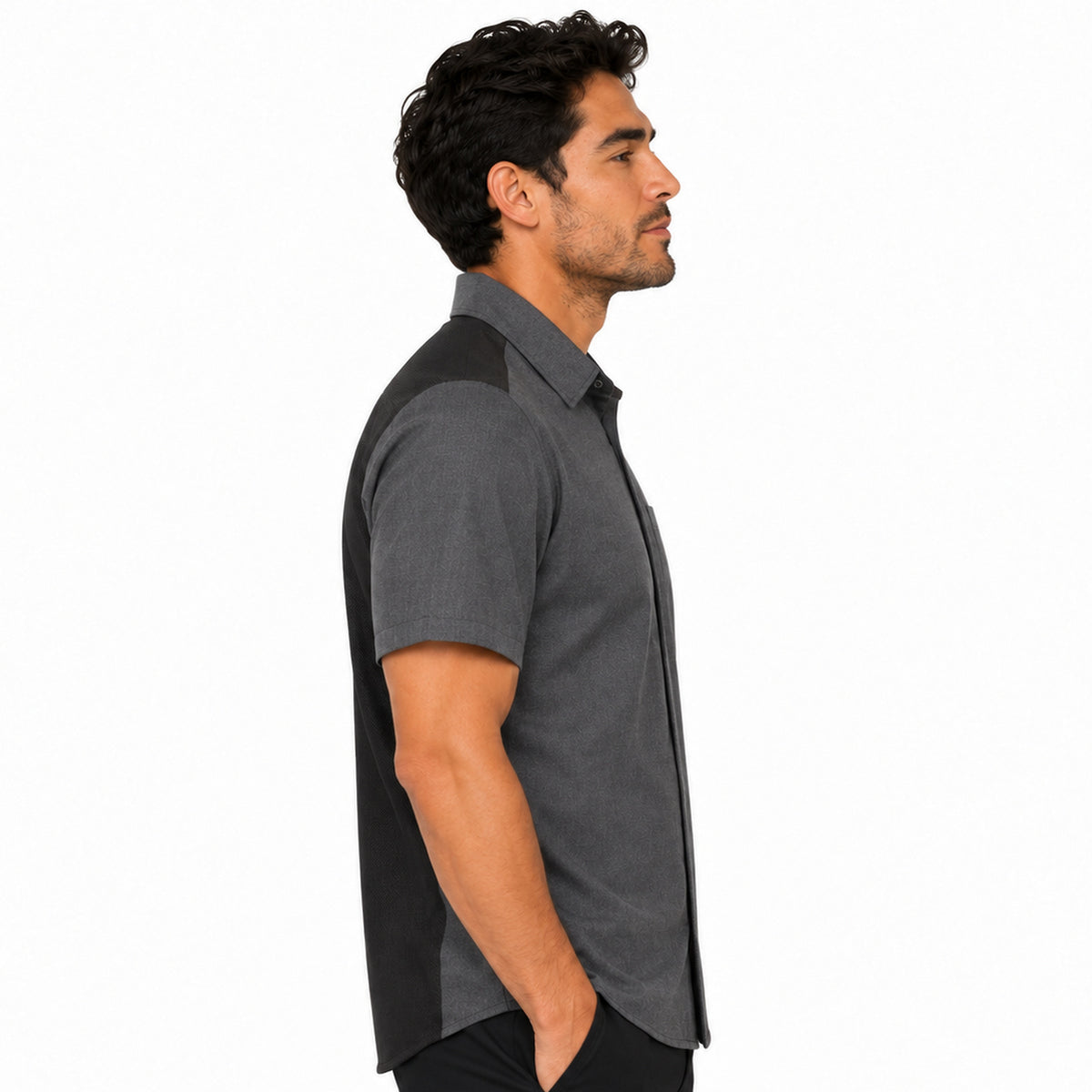 Camisa de cocina Red Kap 502M para hombre gris Oxford, perfil derecho en modelo | color:gris-oxford