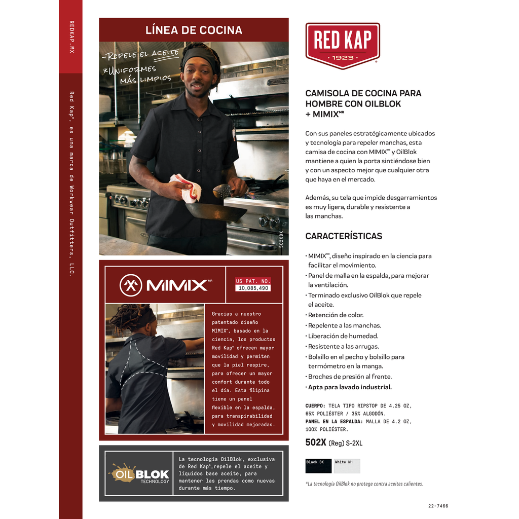 Ficha técnica de la camisa de cocina Red Kap 502X para hombre negra