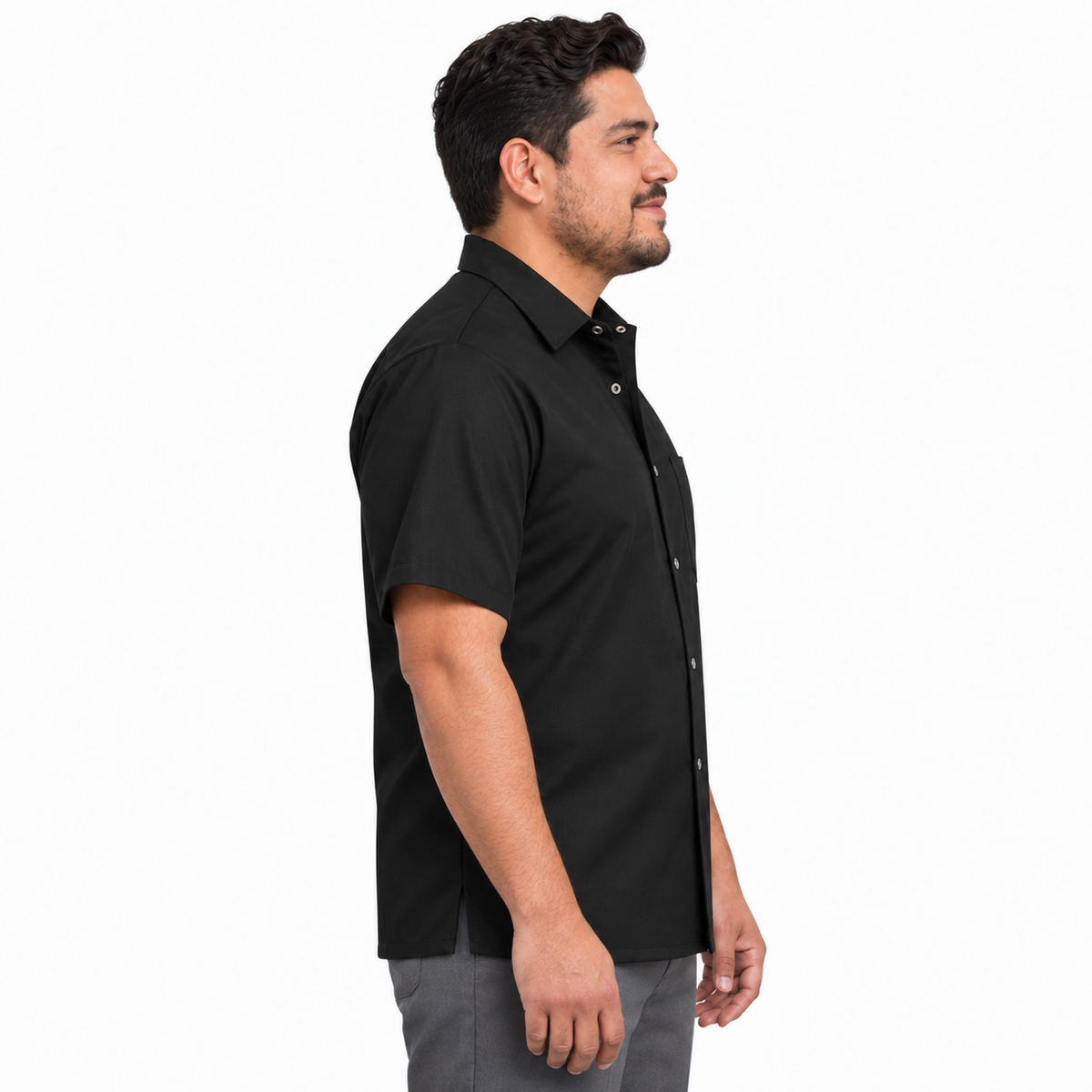 Camisa de cocina Red Kap 502X para hombre negra, perfil derecho en modelo | color:negra