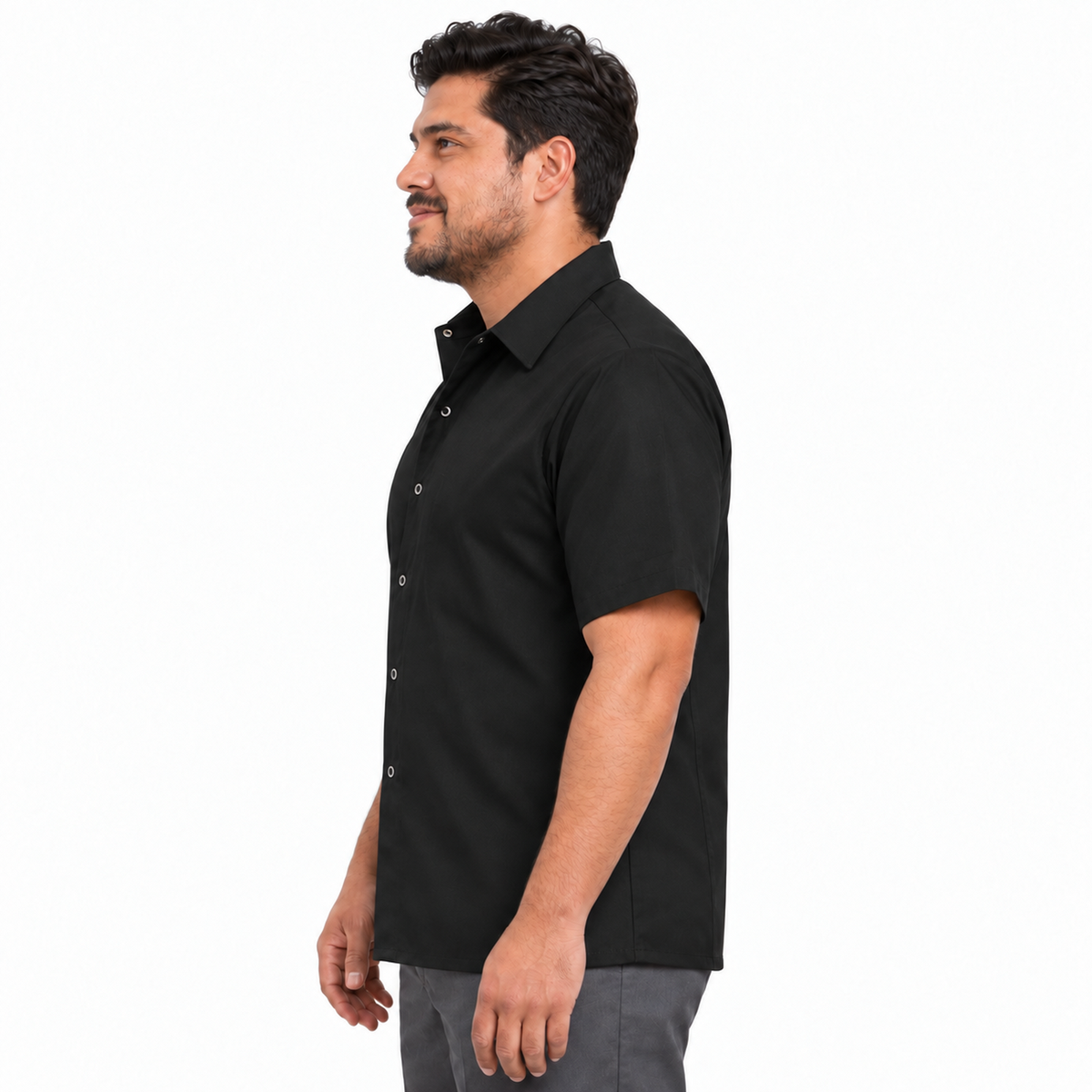 Camisa de cocina Red Kap 502X para hombre negra, perfil izquierdo en modelo | color:negra