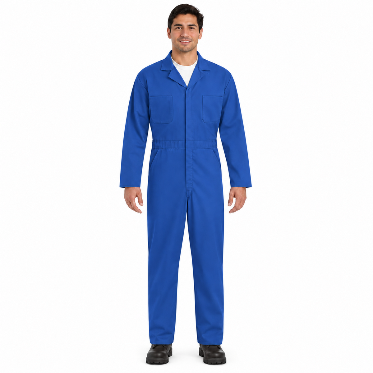 Overol de gabardina Red Kap CT10 para hombre azul eléctrico, vista frontal con modelo mexicano | color:azul-electrico