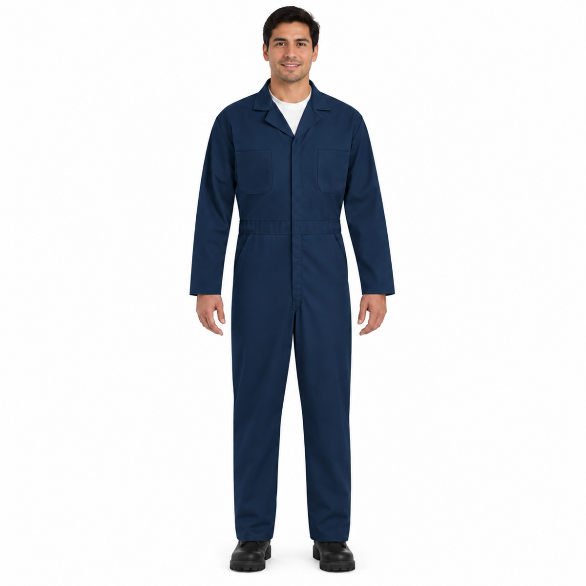 Overol de gabardina Red Kap CT10 para hombre azul marino, vista frontal con modelo mexicano | color:azul-marino