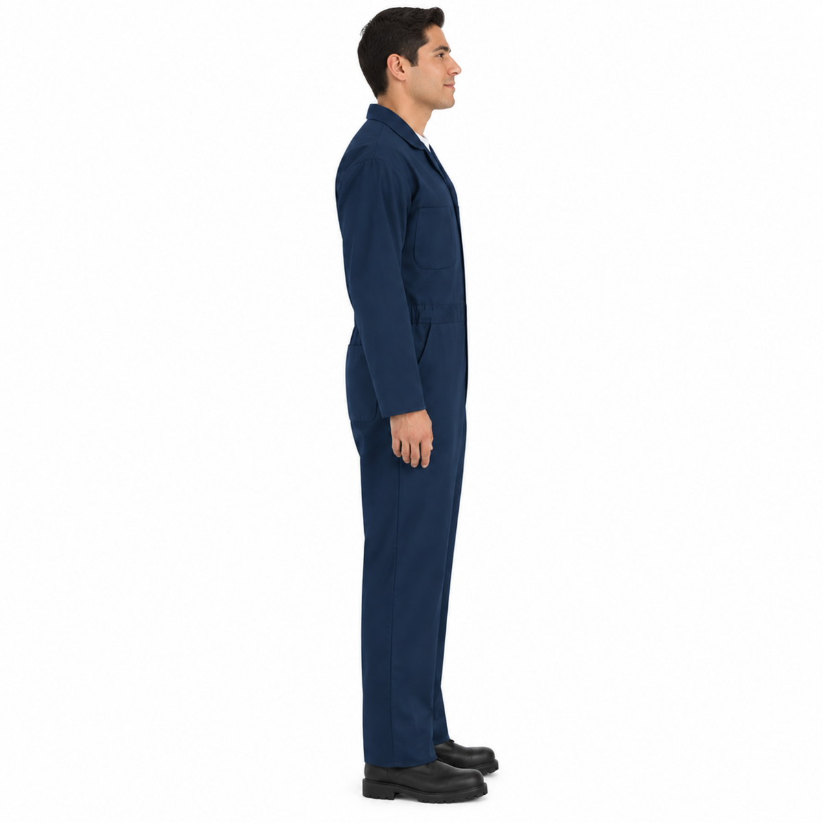 Overol de gabardina Red Kap CT10 para hombre azul marino, perfil derecho con modelo mexicano | color:azul-marino