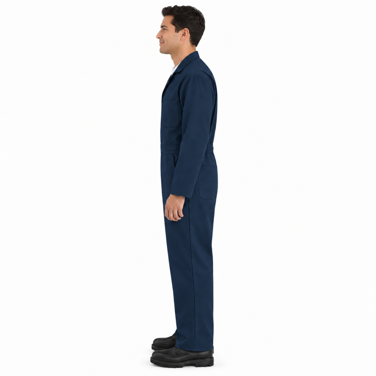 Overol de gabardina Red Kap CT10 para hombre azul marino, perfil izquierdo con modelo mexicano | color:azul-marino