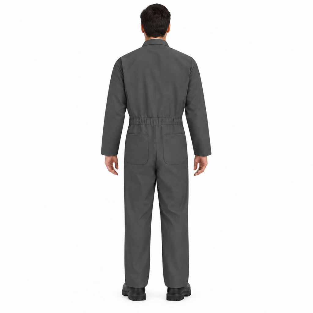 Overol de gabardina Red Kap CT10 para hombre gris Oxford, vista posterior con modelo mexicano