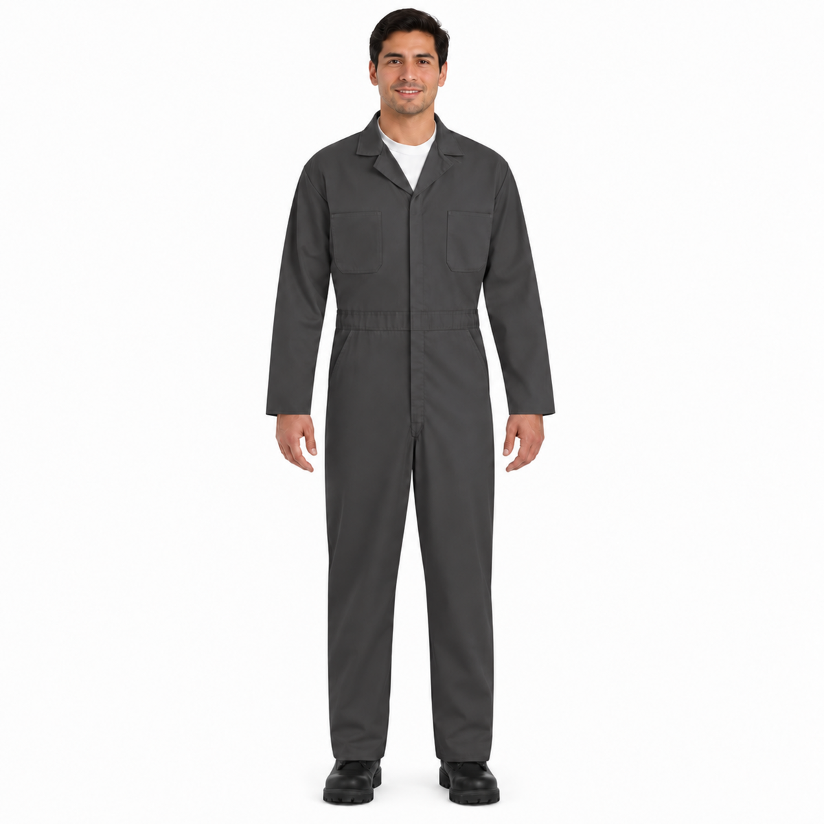 Overol de gabardina Red Kap CT10 para hombre gris Oxford, vista frontal con modelo mexicano | color:gris-oxford