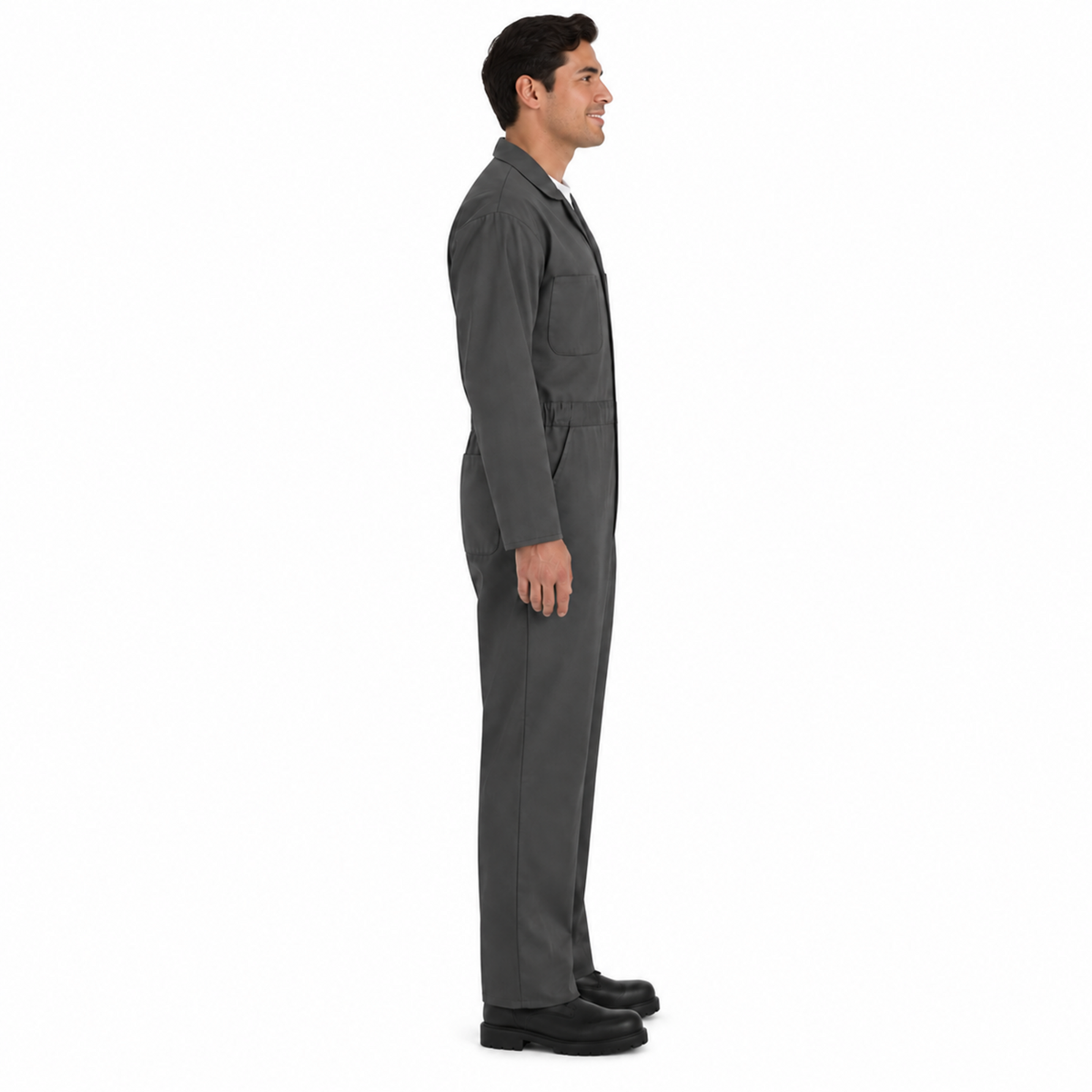 Overol de gabardina Red Kap CT10 para hombre gris Oxford, perfil derecho con modelo mexicano | color:gris-oxford