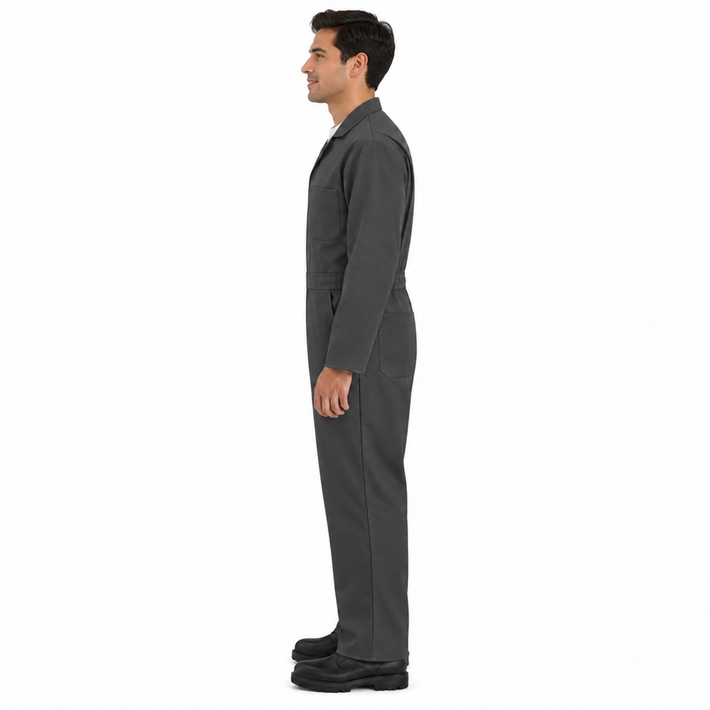 Overol de gabardina Red Kap CT10 para hombre gris Oxford, perfil izquierdo con modelo mexicano