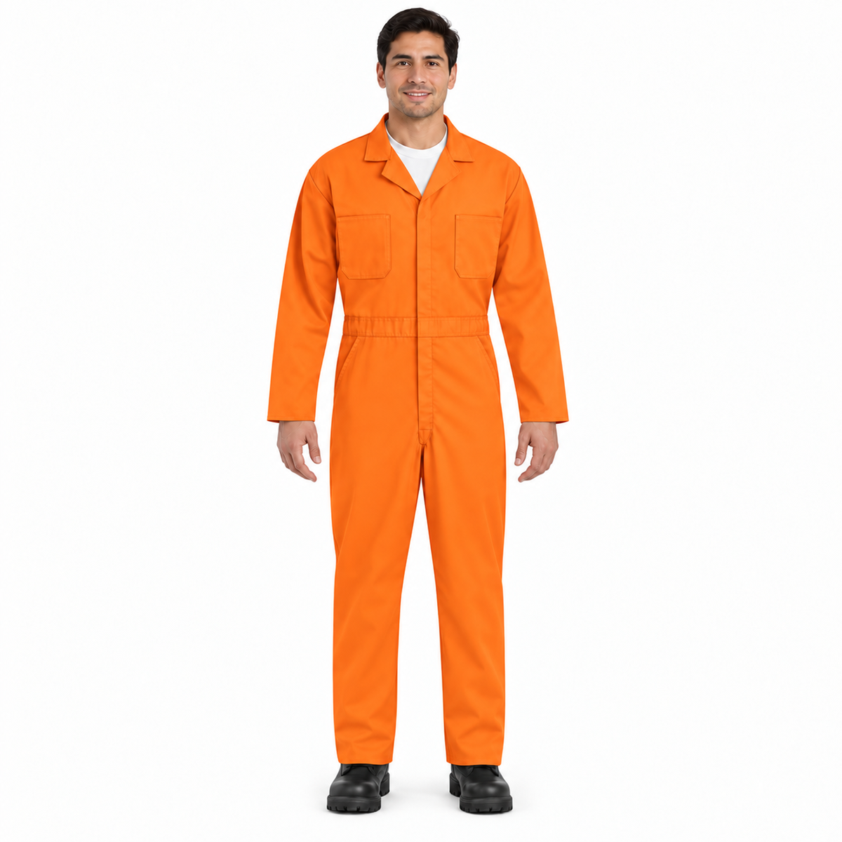 Overol de gabardina Red Kap CT10 para hombre naranja, vista frontal con modelo mexicano | color:naranja