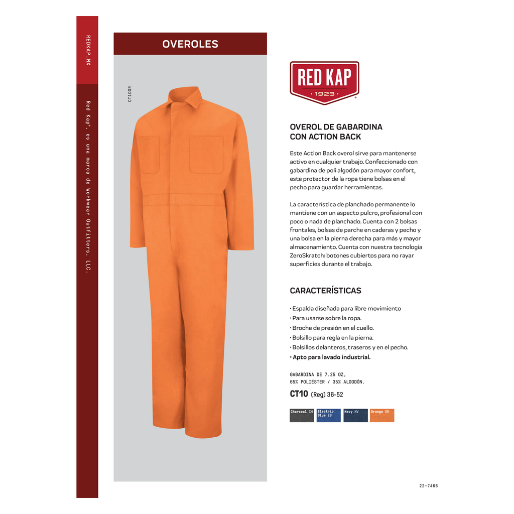 Ficha técnica oficial del overol Red Kap CT10 de gabardina para hombre
