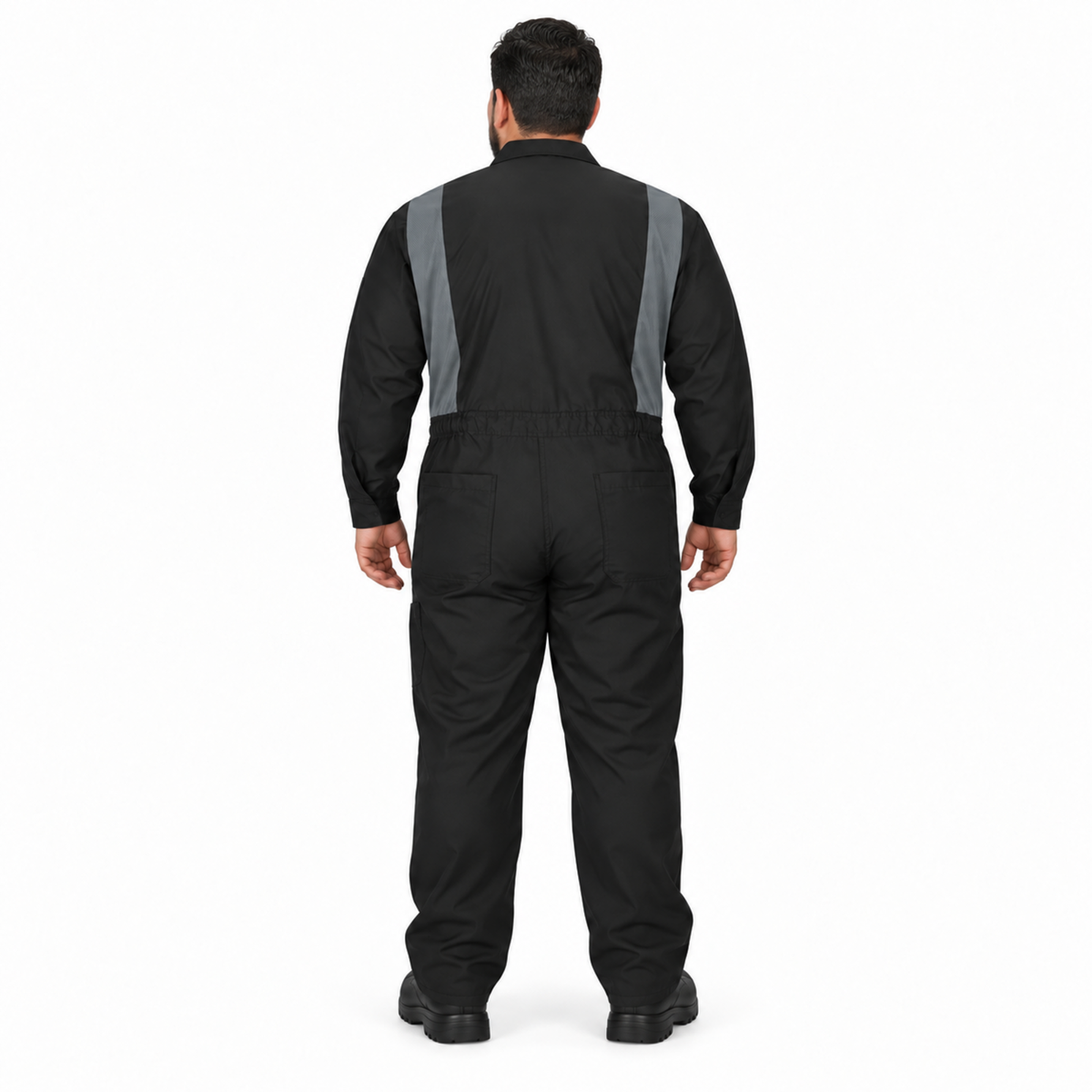 Overol Red Kap CY34 OilBlok para hombre negro con gris Oxford, vista de espalda con modelo | color:negro-gris-oxford