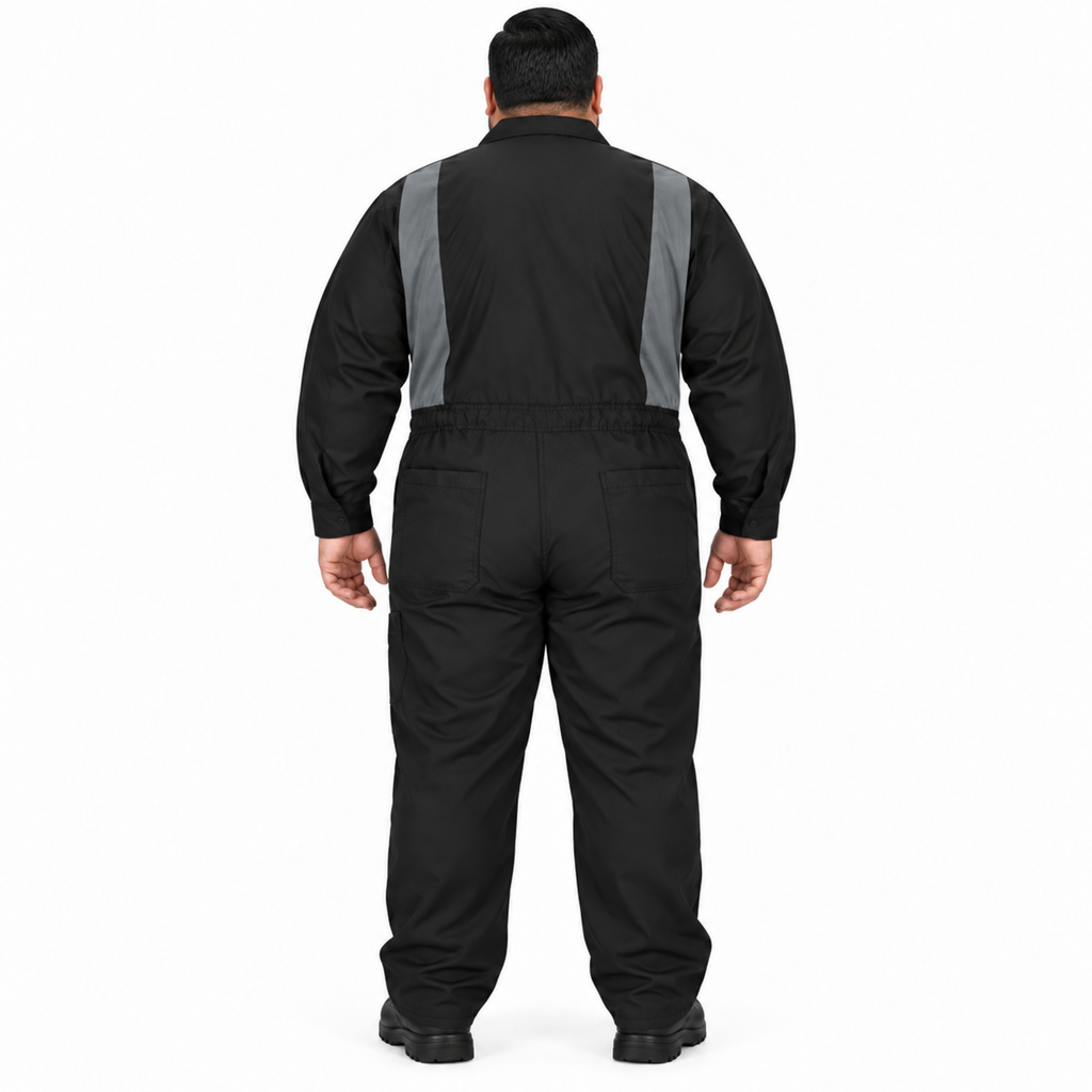 Overol Red Kap CY34 OilBlok para hombre talla 3XL negro con gris Oxford, vista de espalda con modelo