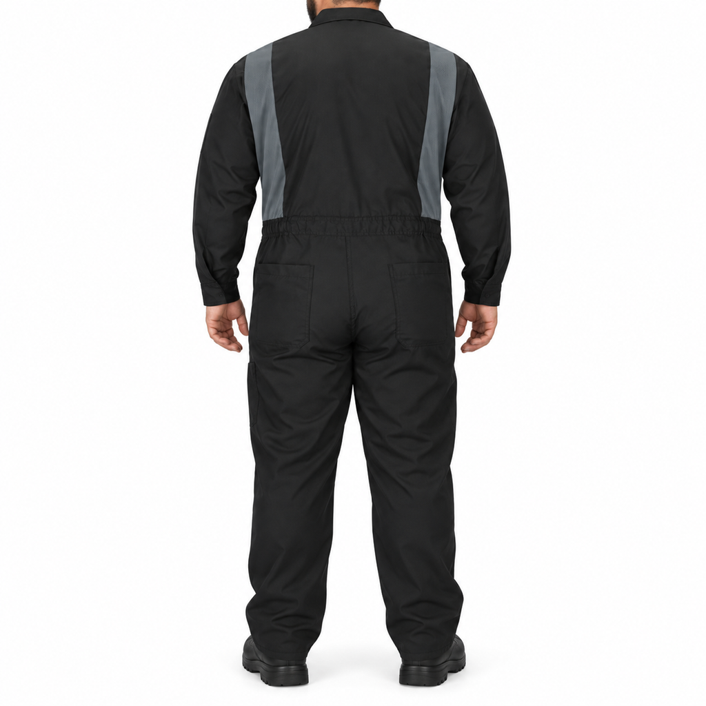 Overol Red Kap CY34 OilBlok para hombre negro con gris Oxford, vista de espalda con modelo