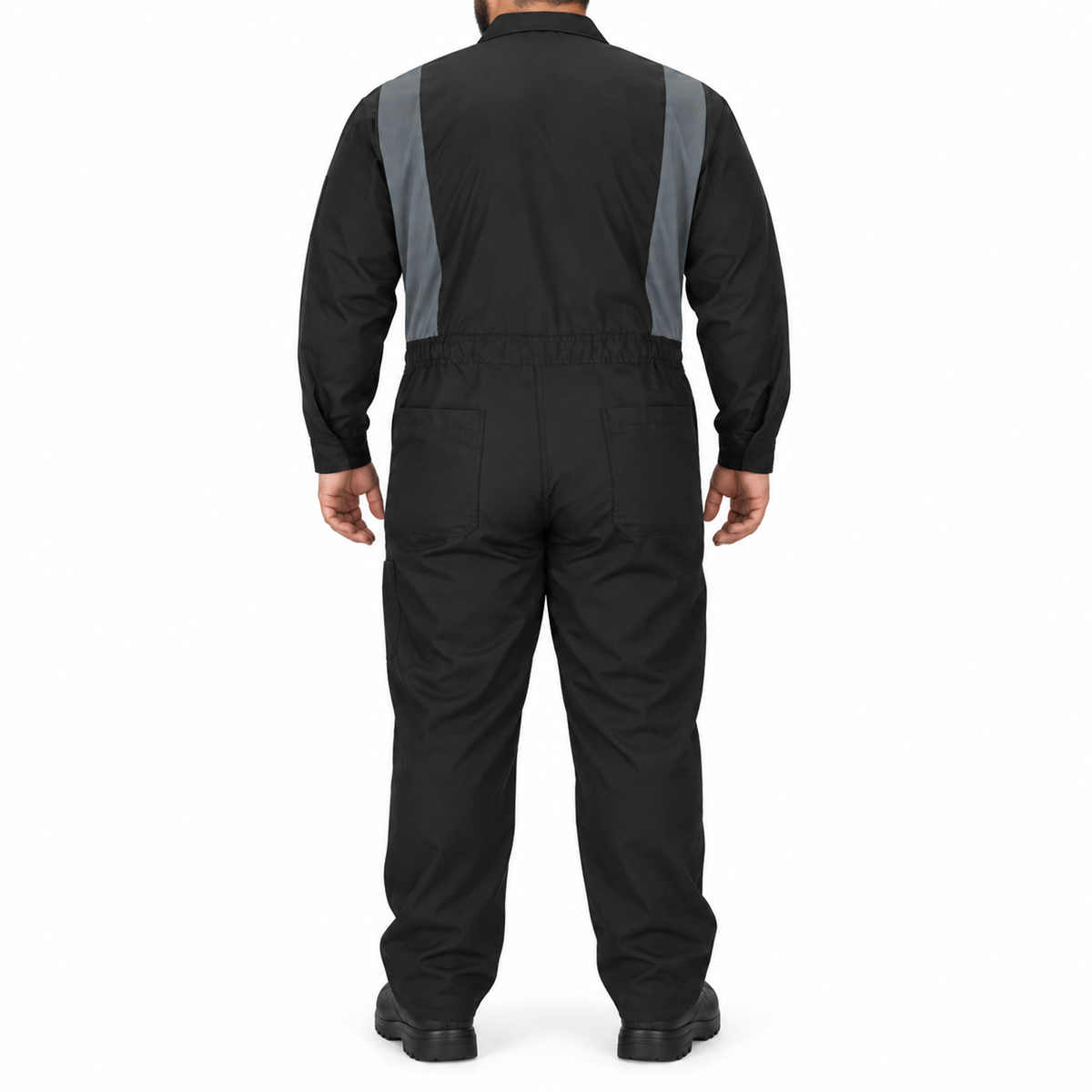 Overol Red Kap CY34 OilBlok para hombre negro con gris Oxford, vista de espalda con modelo | color:negro-gris-oxford