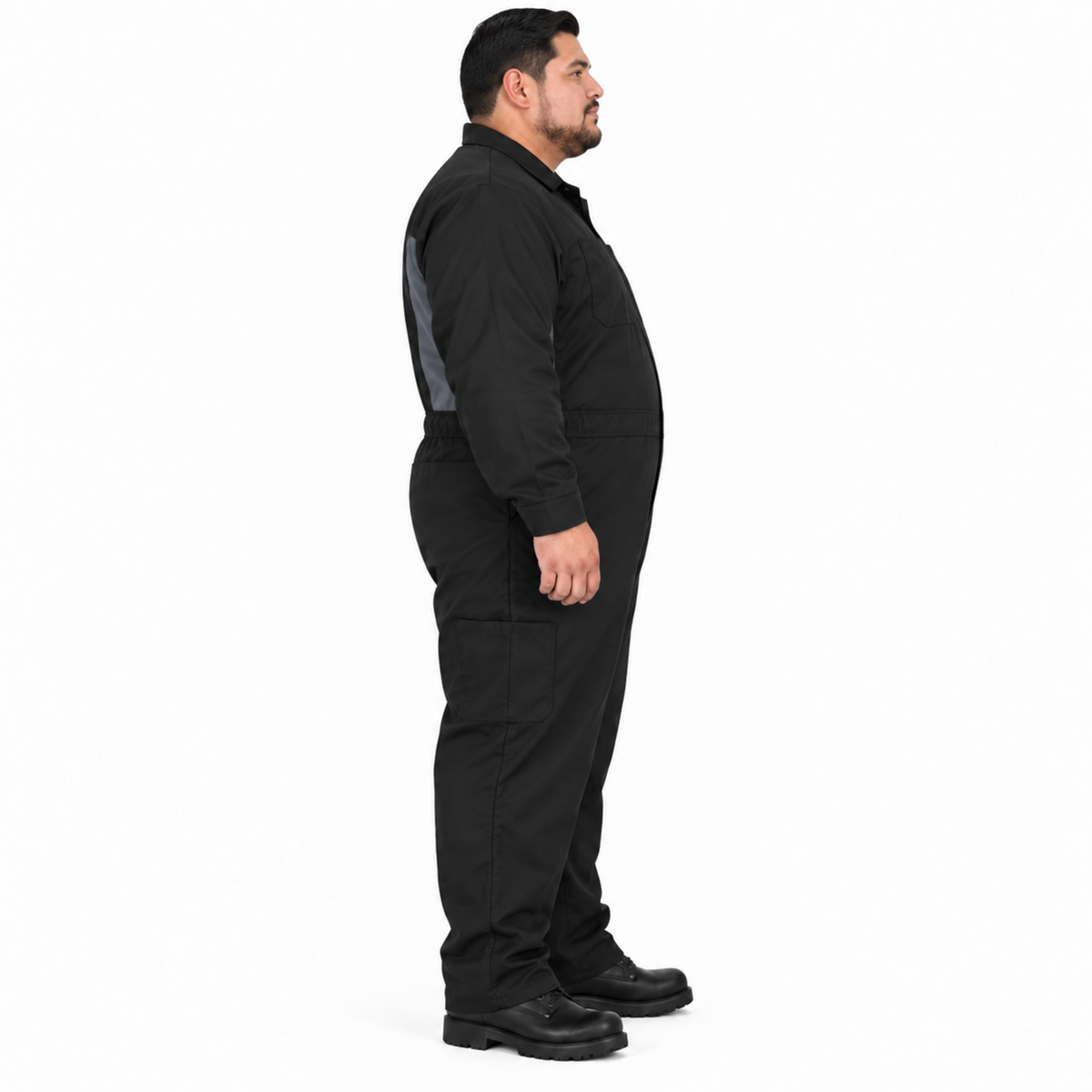 Overol Red Kap CY34 OilBlok para hombre talla 3XL negro con gris Oxford, perfil derecho con modelo | color:negro-gris-oxford