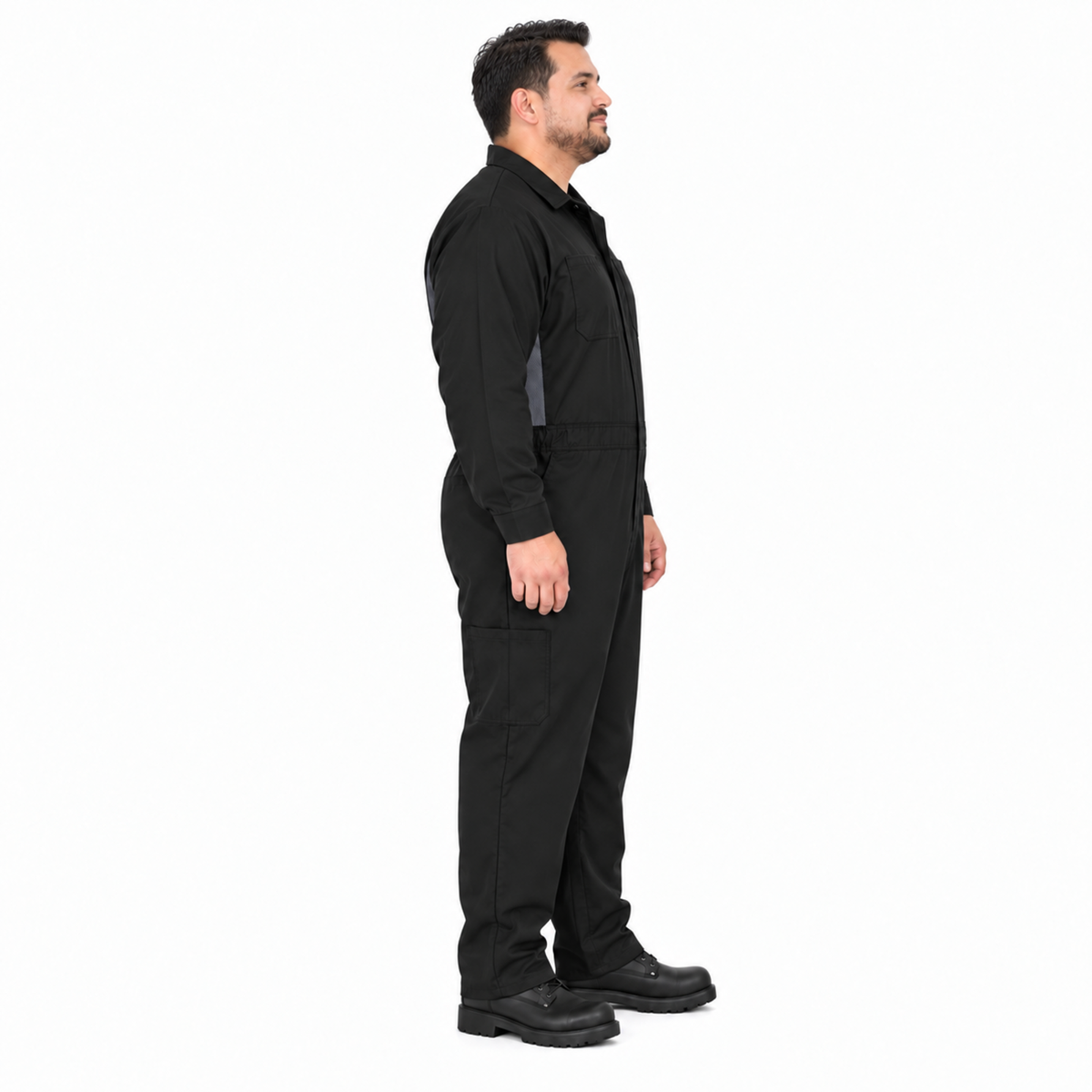 Overol Red Kap CY34 OilBlok para hombre negro con gris Oxford, perfil derecho con modelo | color:negro-gris-oxford