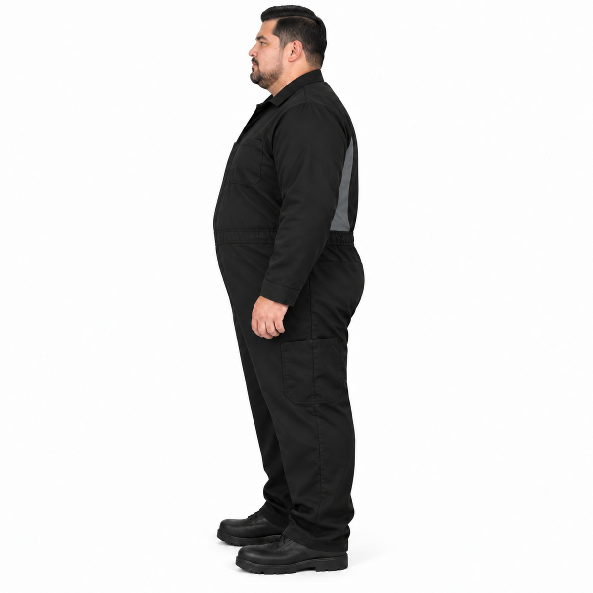 Overol Red Kap CY34 OilBlok para hombre talla 3XL negro con gris Oxford, perfil izquierdo con modelo | color:negro-gris-oxford