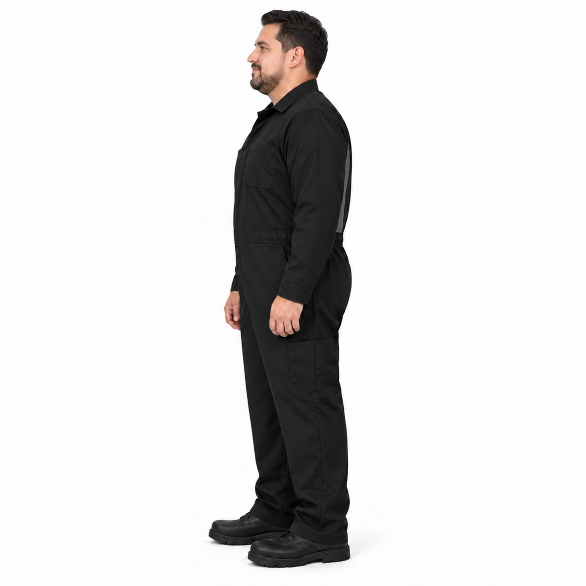 Overol Red Kap CY34 OilBlok para hombre negro con gris Oxford, perfil izquierdo con modelo | color:negro-gris-oxford