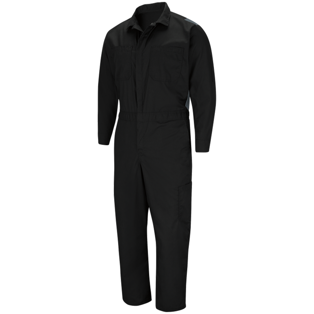 Overol Red Kap CY34 OilBlok negro con gris Oxford, prenda sola vista frontal